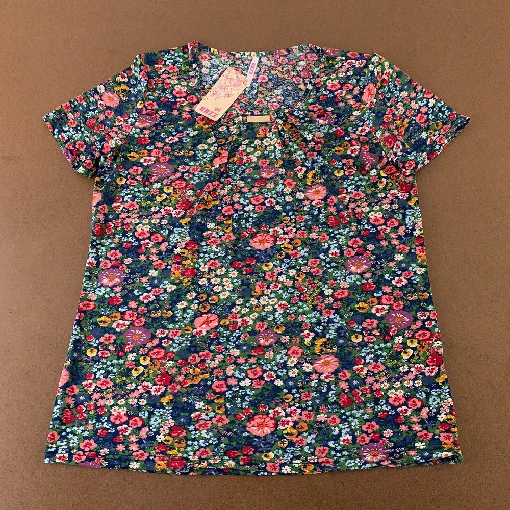 BUZZ Women's Medium Colorful Floral Short Sleeve Gathered Neck Pullover Top NWT
